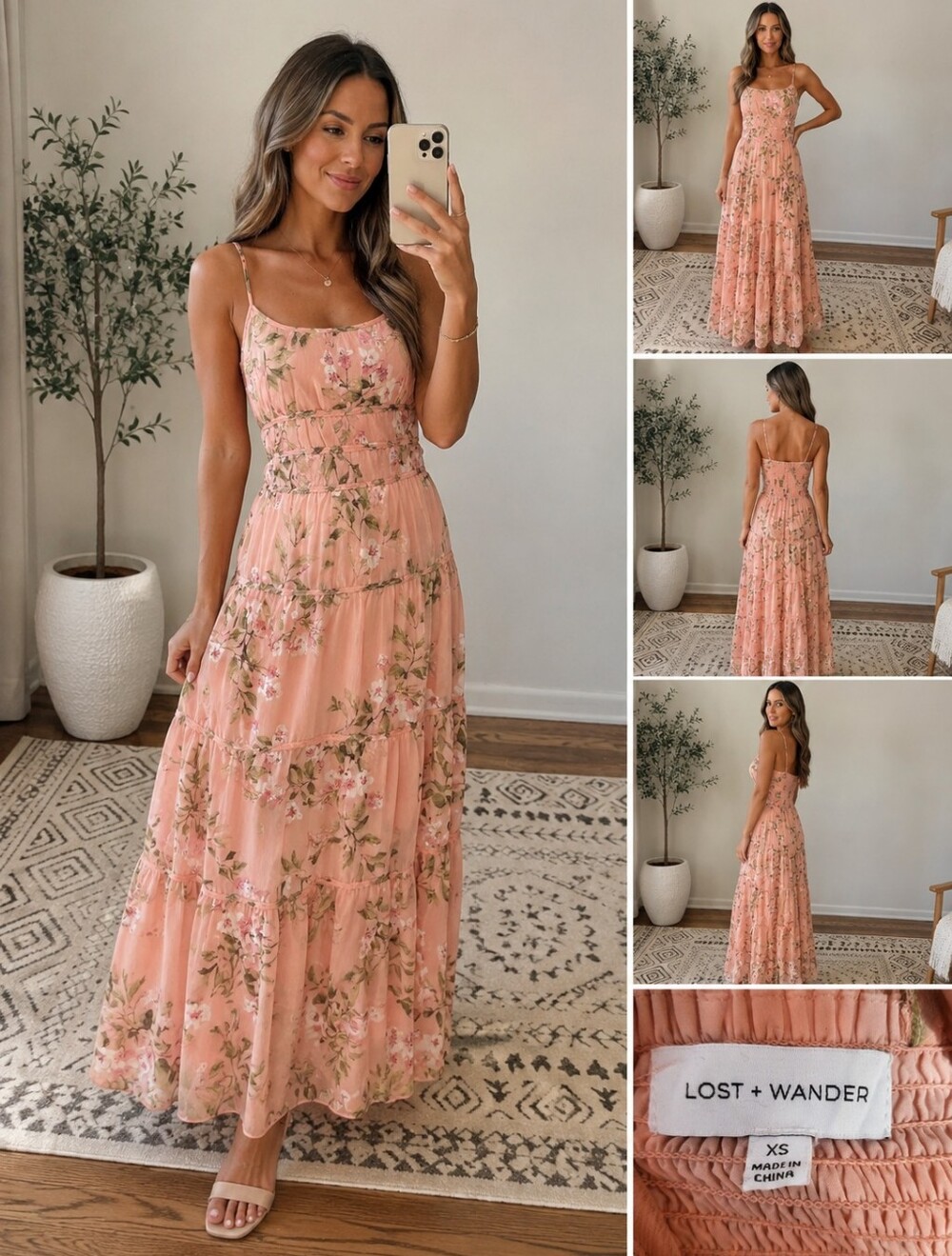 Lost + Wander Pink Peach Floral Tiered Maxi Dress XS Cottagecore Boho Romantic
